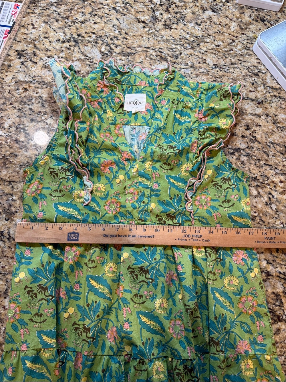 Umgee green Floral Garden Print Silky Cotton Tiered flutter Midi Dress small - Picture 6 of 8